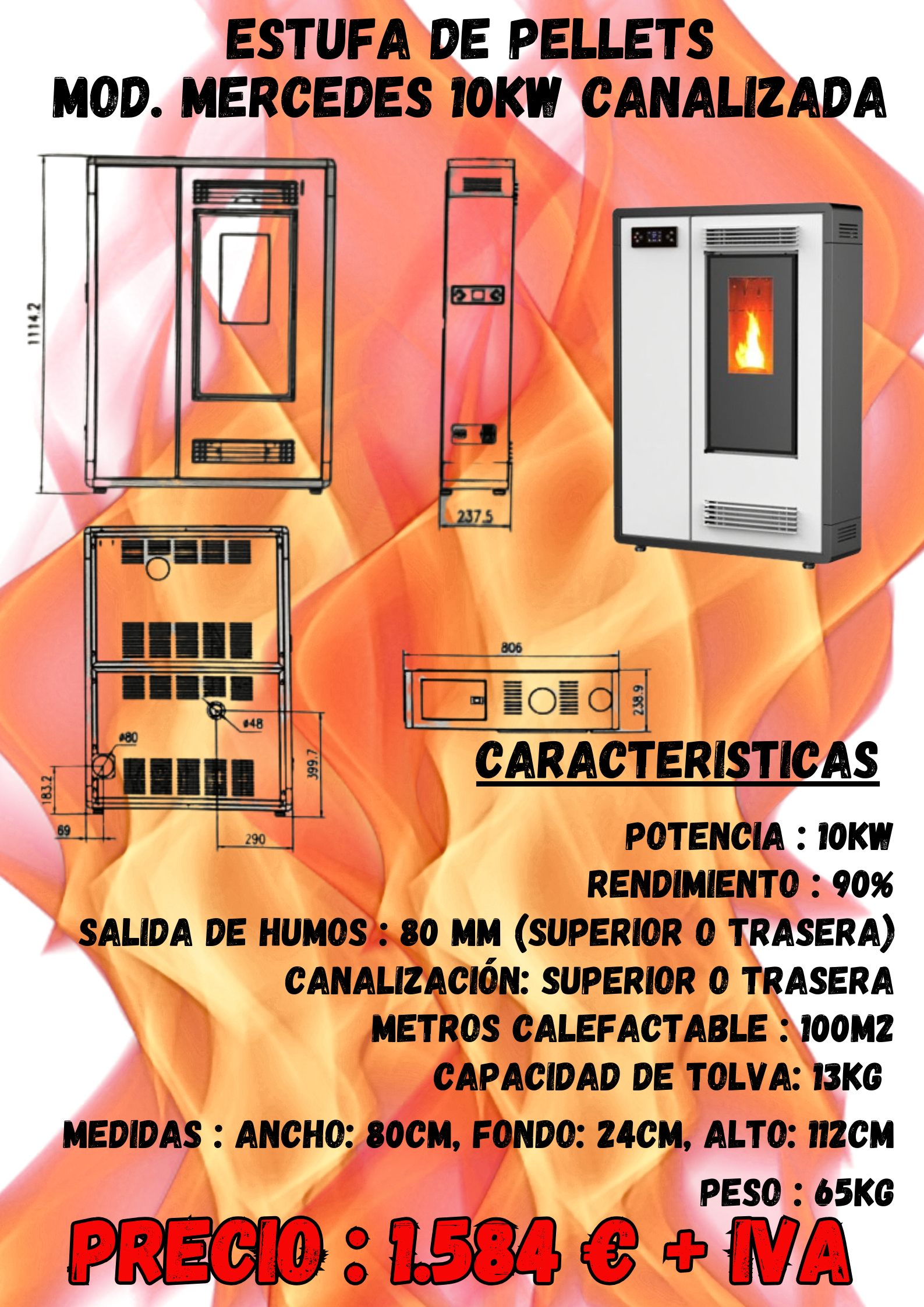 ESTUFA DE PELLETS CANALIZABLE PASILLERA – MODELO MERCEDES 10KW - Imagen 2